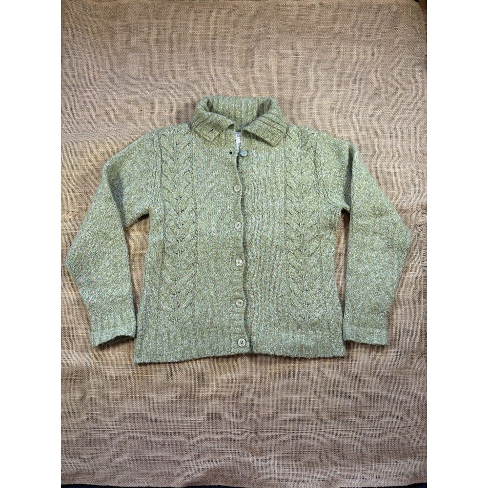 LL Bean Woman's Green Wool Blend Button-Up Cardigan Sweater Cable-Knit Size M